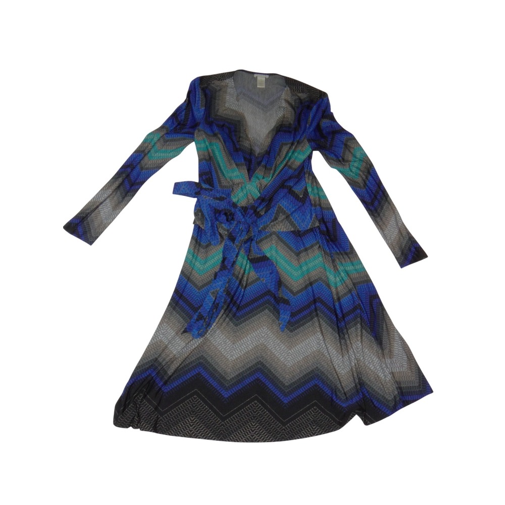 Cache Womens Blue Chevron Zigzag Long Sleeve Wrap Dress Size M V-Neck